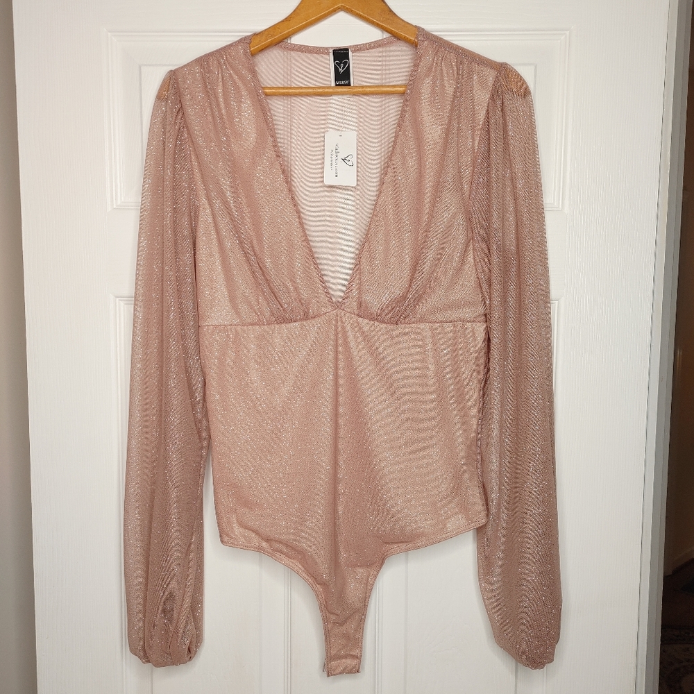 WINDSOR Shimmer Babe Bubble Sleeve Bodysuit, Tan (looks more Blush pink) L - Picture 5 of 12